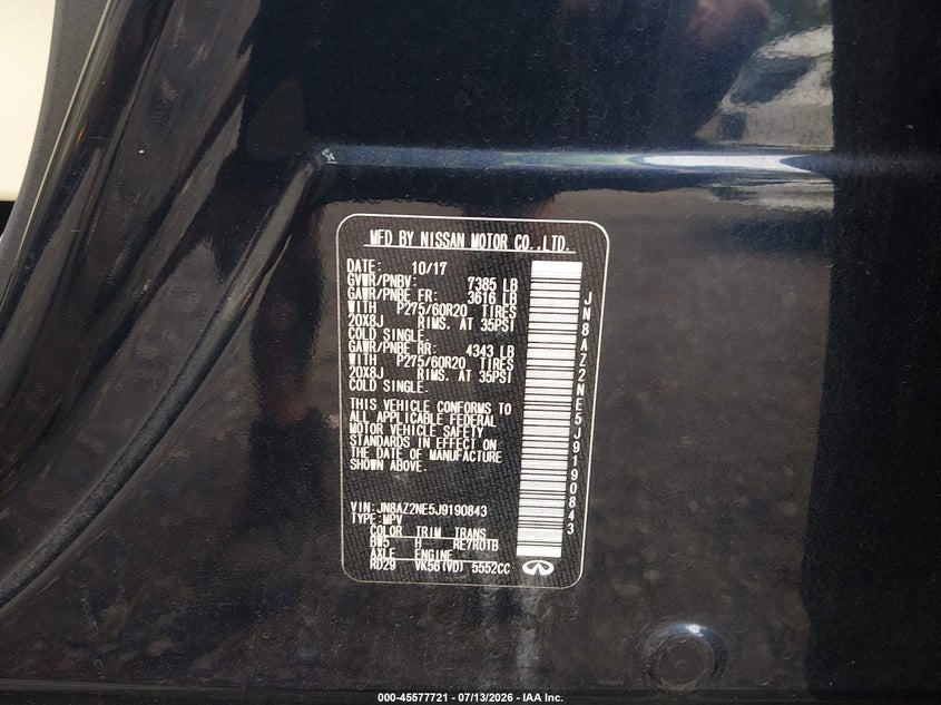 2018 Infiniti Qx80 VIN: JN8AZ2NE5J9190843 Lot: 45577721