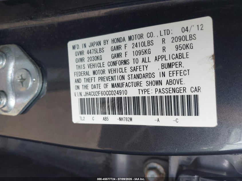 2012 Acura Tsx 2.4 VIN: JH4CU2F60CC024910 Lot: 45577724
