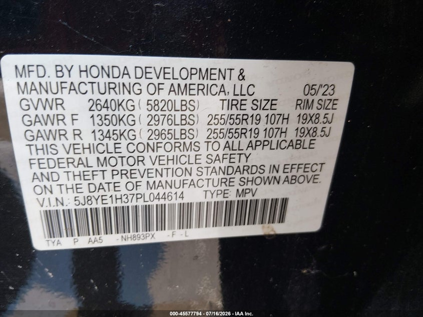 2023 Acura Mdx Standard VIN: 5J8YE1H37PL044614 Lot: 45577794