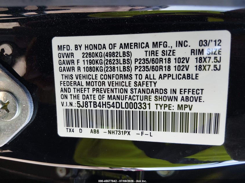 2013 Acura Rdx VIN: 5J8TB4H54DL000331 Lot: 45577842