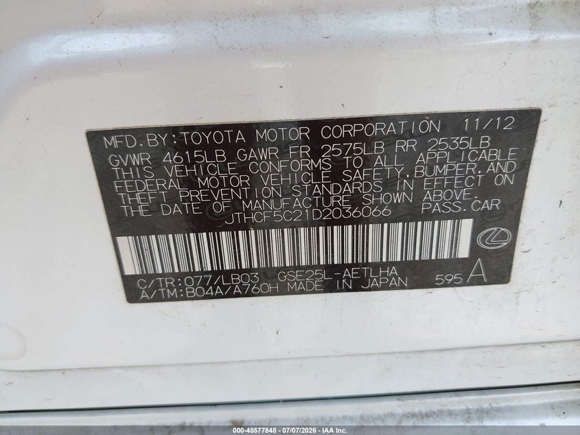 LEXUS IS 250 2013 VIN JTHCF5C21D2036066