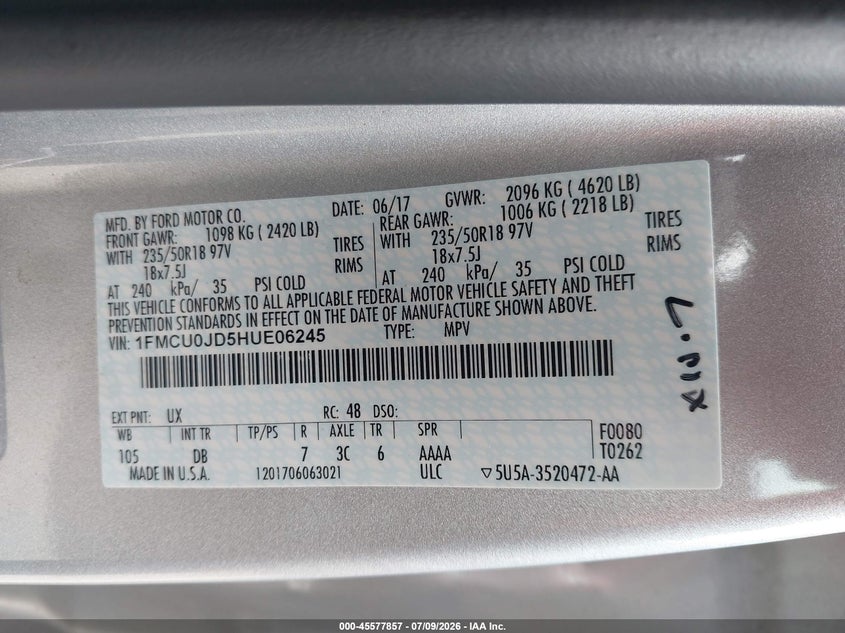 VIN 1FMCU0JD5HUE06245 2017 FORD ESCAPE TITANIUM