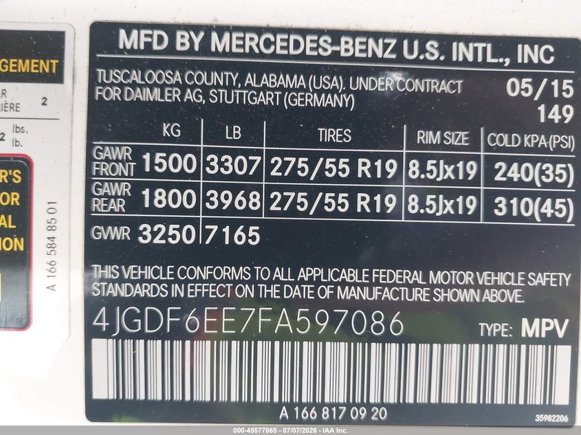 2015 Mercedes-Benz Gl 450 4Matic VIN: 4JGDF6EE7FA597086 Lot: 45577865