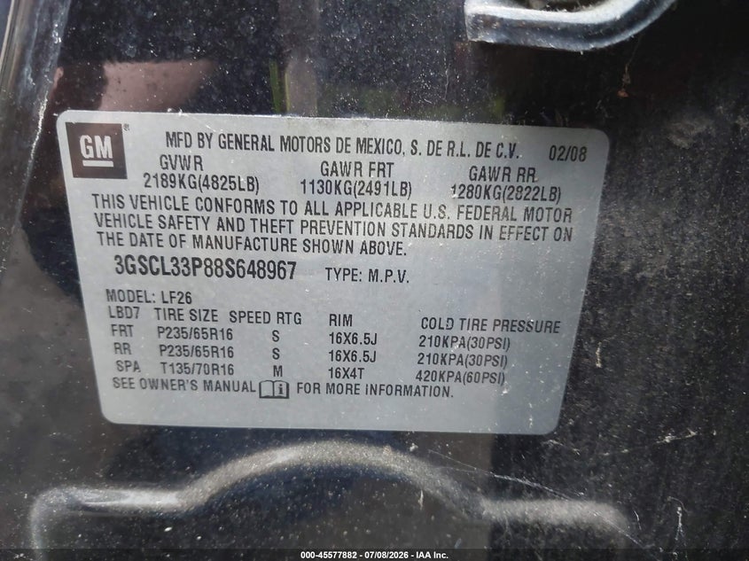 2008 Saturn Vue 4-Cyl Xe VIN: 3GSCL33P88S648967 Lot: 45577882