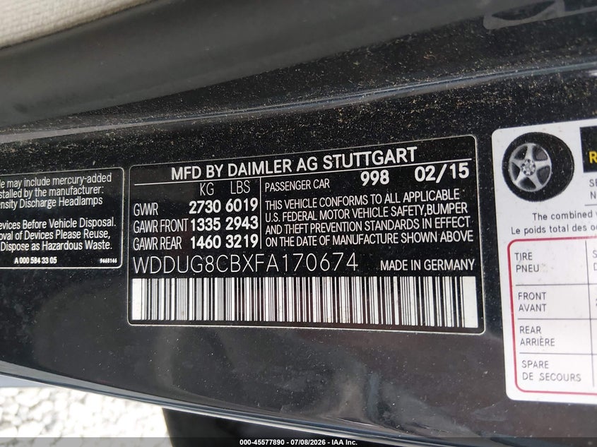 2015 Mercedes-Benz S 550 VIN: WDDUG8CBXFA170674 Lot: 45577890