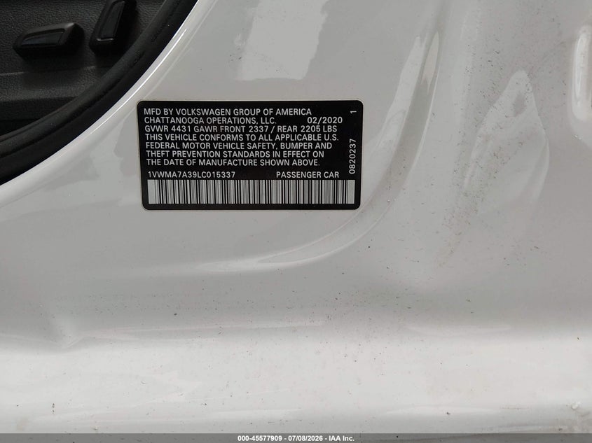 2020 Volkswagen Passat 2.0T R-Line VIN: 1VWMA7A39LC015337 Lot: 45577909
