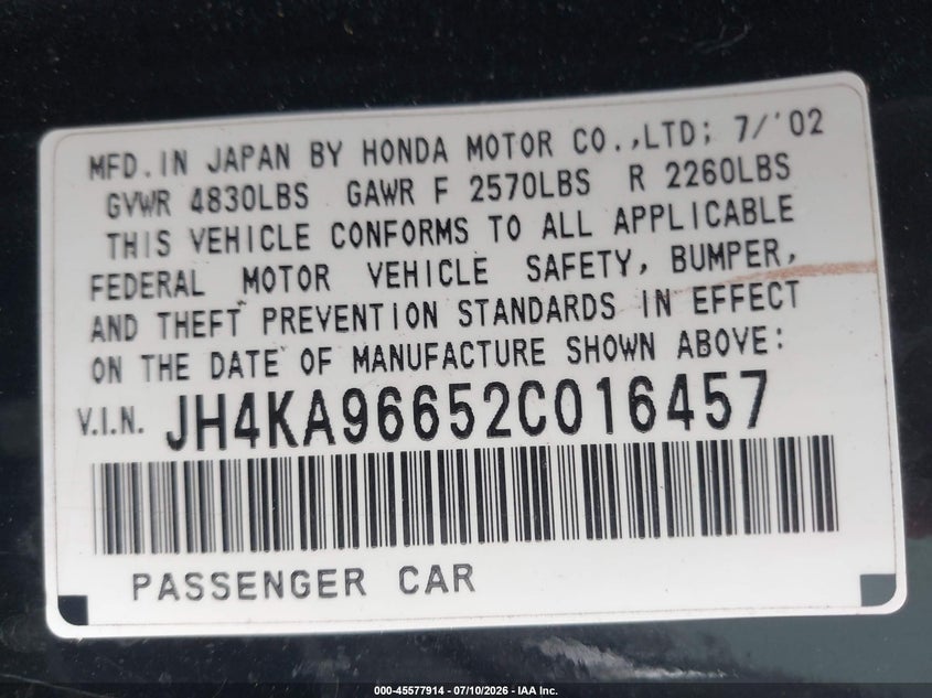 2002 Acura Rl 3.5 VIN: JH4KA96652C016457 Lot: 45577914