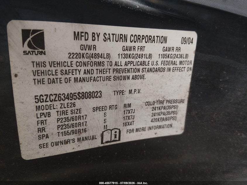 2005 Saturn Vue V6 VIN: 5GZCZ63495S808023 Lot: 45577915