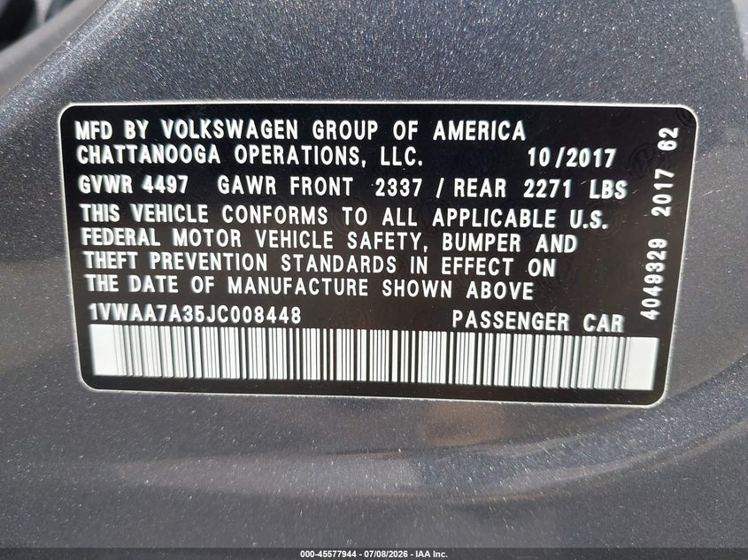 2018 Volkswagen Passat 2.0T R-Line/2.0T S VIN: 1VWAA7A35JC008448 Lot: 45577944