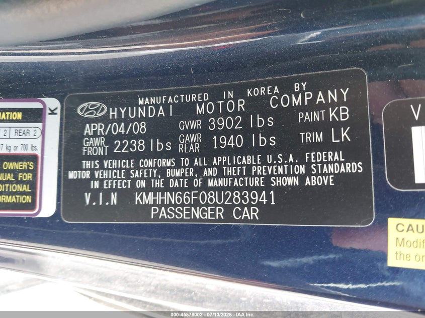 2008 Hyundai Tiburon Gt/Gt Limited/Se VIN: KMHHN66F08U283941 Lot: 45578002