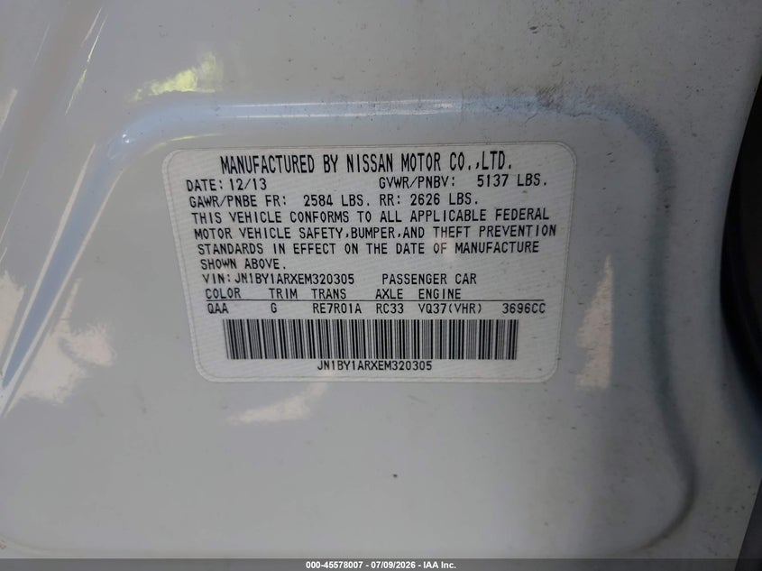 2014 Infiniti Q70 3.7X VIN: JN1BY1ARXEM320305 Lot: 45578007