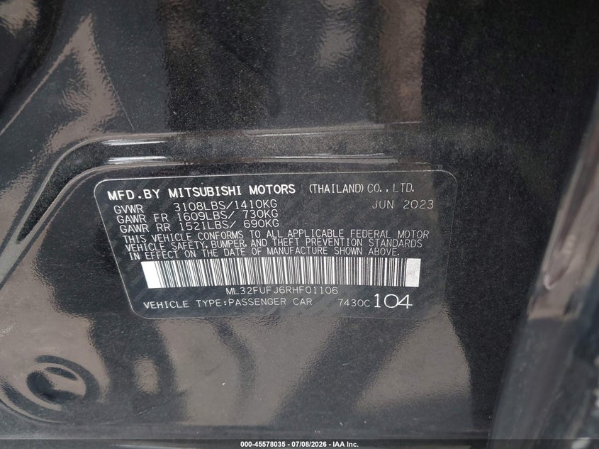 2024 Mitsubishi Mirage G4 Le VIN: ML32FUFJ6RHF01106 Lot: 45578035
