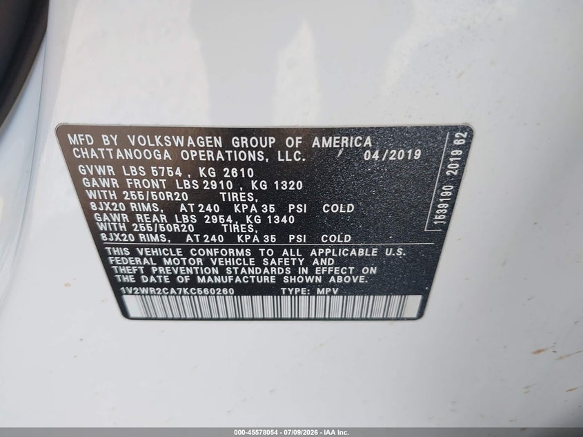2019 Volkswagen Atlas 3.6L V6 Se W/Technology VIN: 1V2WR2CA7KC560260 Lot: 45578054