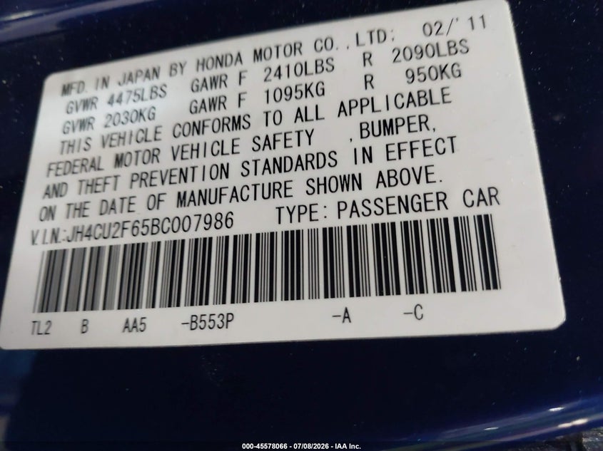 2011 Acura Tsx 2.4 VIN: JH4CU2F65BC007986 Lot: 45578066