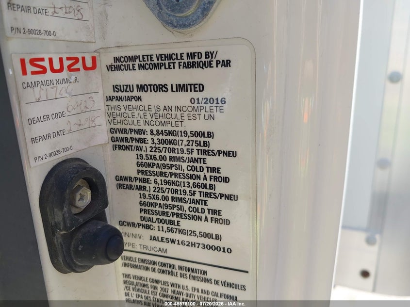 2017 Isuzu Nrr Dsl Reg At VIN: JALE5W162H7300010 Lot: 45578100