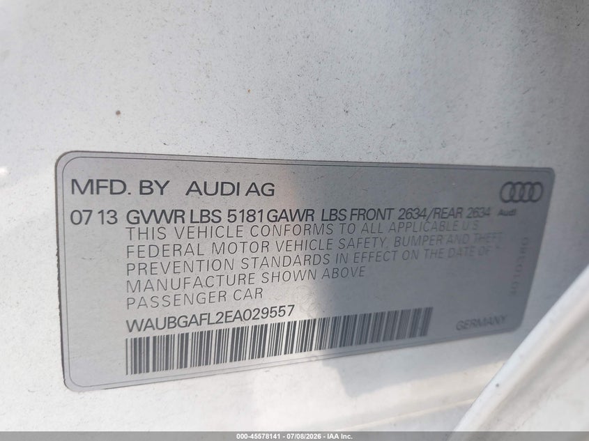 2014 Audi S4 3.0T Premium Plus VIN: WAUBGAFL2EA029557 Lot: 45578141