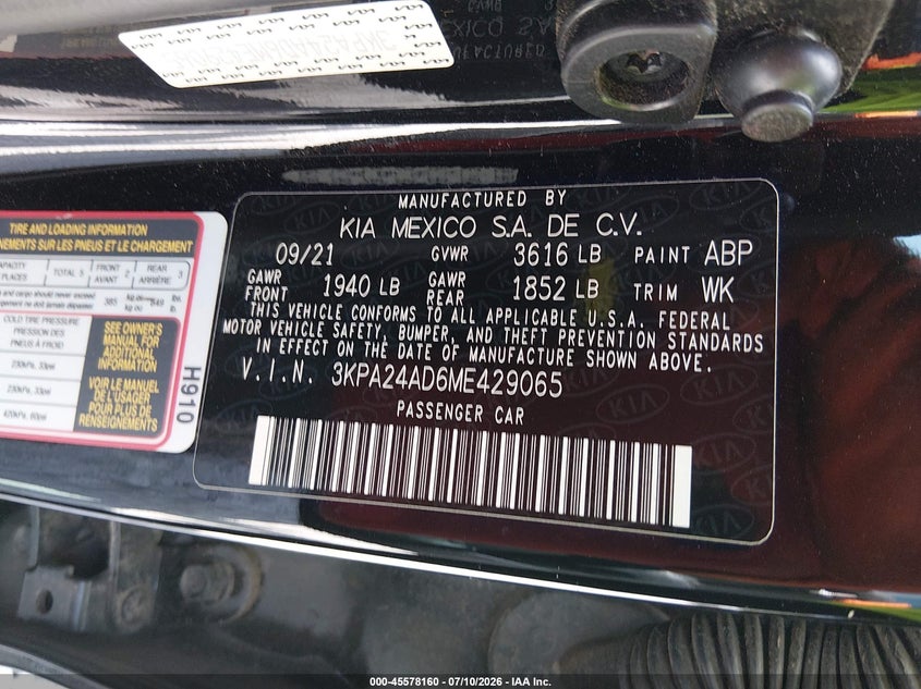2021 Kia Rio Lx VIN: 3KPA24AD6ME429065 Lot: 45578160