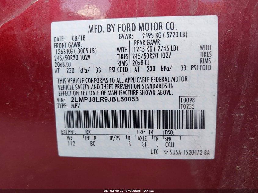 2018 Lincoln Mkx Reserve VIN: 2LMPJ8LR9JBL50053 Lot: 45578165