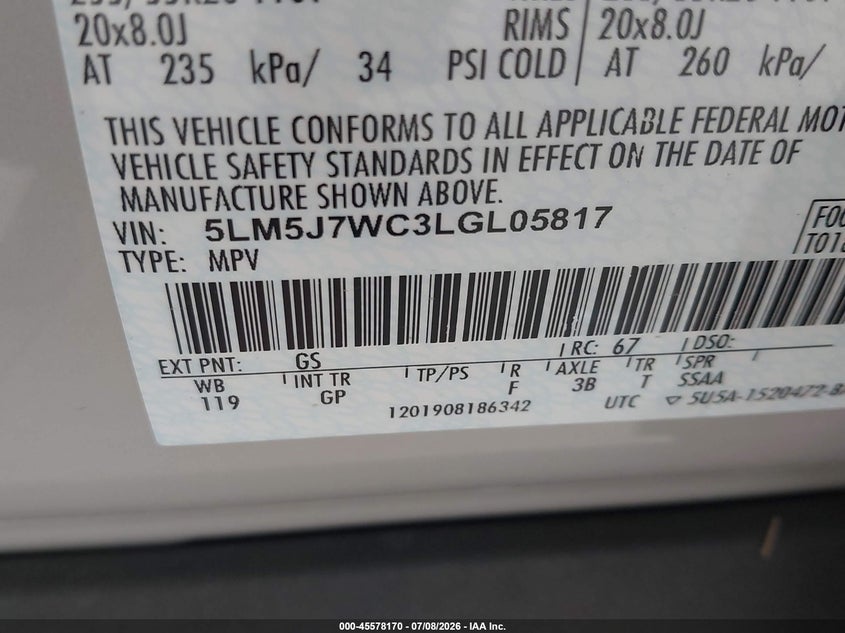 2020 Lincoln Aviator Reserve VIN: 5LM5J7WC3LGL05817 Lot: 45578170