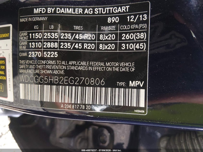2014 Mercedes-Benz Glk 350 VIN: WDCGG5HB2EG270806 Lot: 45578237