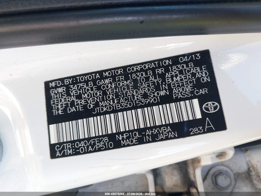2013 Toyota Prius C One VIN: JTDKDTB35D1539901 Lot: 45578265