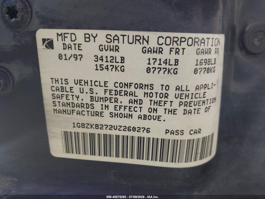 1997 Saturn Sw Sw2 VIN: 1G8ZK8272VZ260276 Lot: 45578292