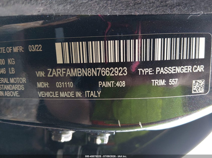 2022 Alfa Romeo Giulia Veloce Ti Rwd VIN: ZARFAMBN8N7662923 Lot: 45578325