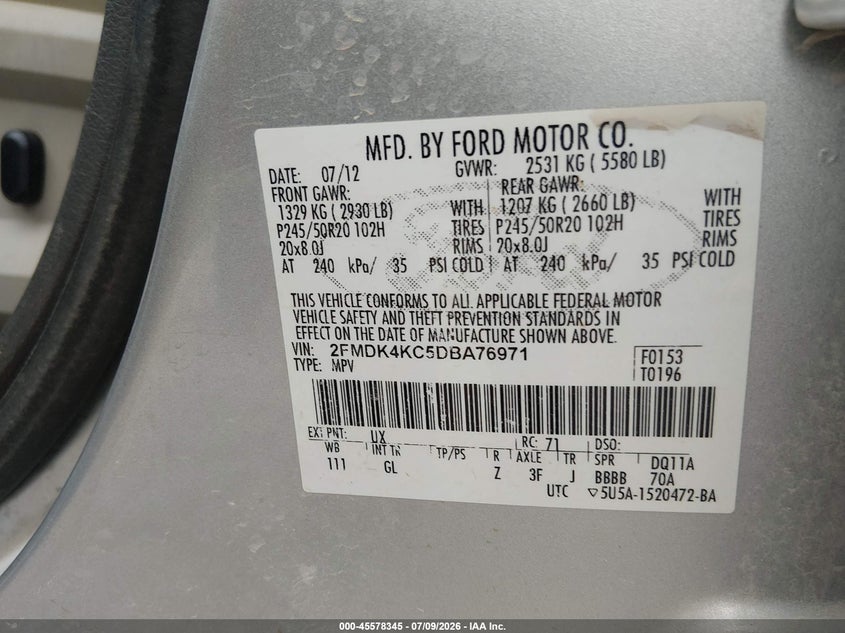 FORD EDGE 2013 VIN 2FMDK4KC5DBA76971