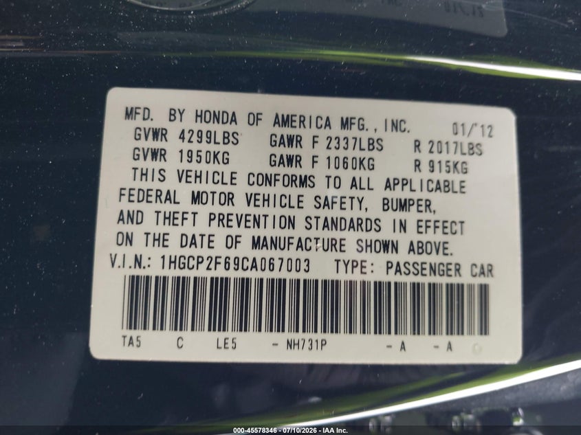 2012 HONDA ACCORD SEDAN 2.4L I-4 DOHC, VVT, 177HP