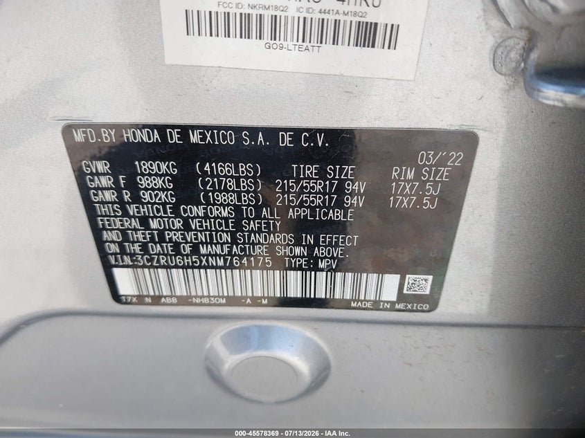 2022 Honda Hr-V Awd Ex VIN: 3CZRU6H5XNM764175 Lot: 45578369