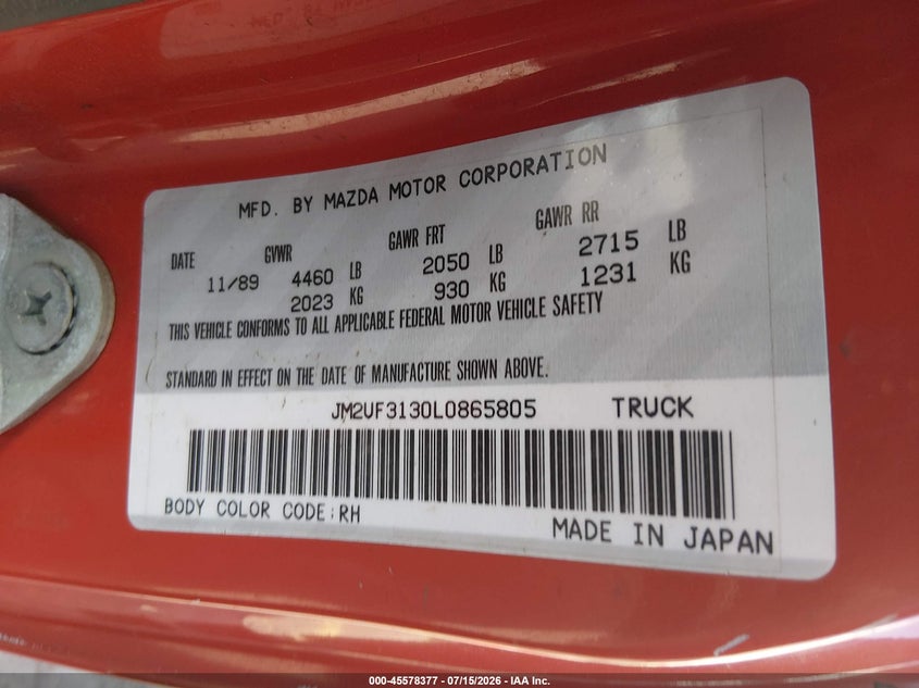 1990 Mazda B2200 Cab Plus VIN: JM2UF3130L0865805 Lot: 45578377