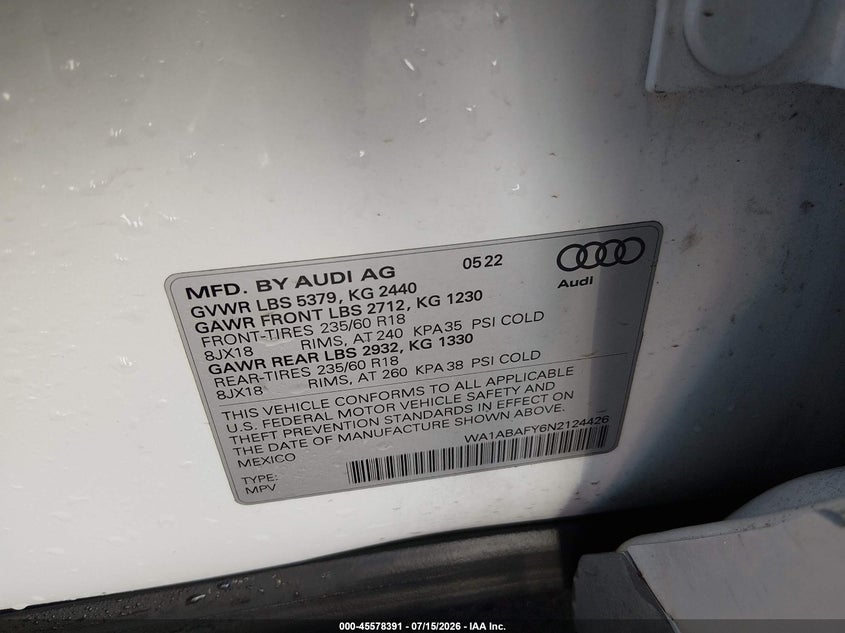 2022 Audi Q5 Premium 40 Tfsi Quattro S Tronic VIN: WA1ABAFY6N2124426 Lot: 45578391
