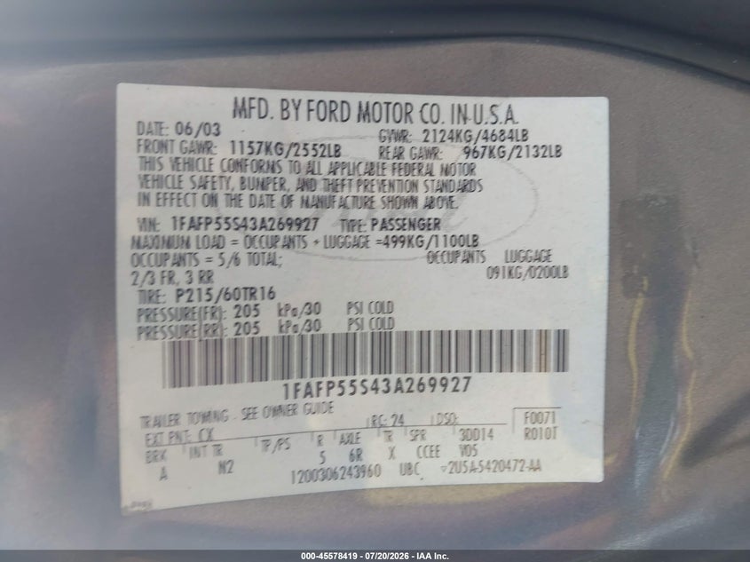 2003 Ford Taurus Ses VIN: 1FAFP55S43A269927 Lot: 45578419