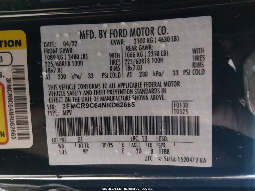 2022 Ford Bronco Sport Outer Banks VIN: 3FMCR9C64NRD62665 Lot: 45578440