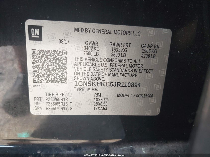 2018 Chevrolet Suburban Lt VIN: 1GNSKHKC5JR110894 Lot: 45578517