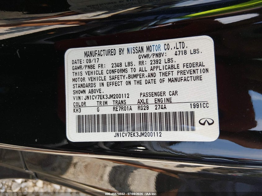 2018 Infiniti Q60 2.0T Pure VIN: JN1CV7EK3JM200112 Lot: 45578552