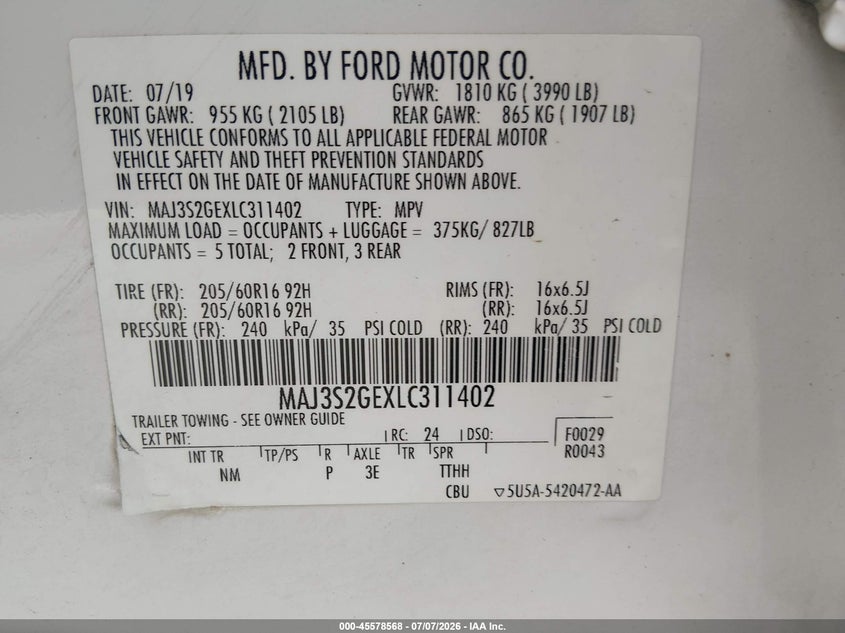 2020 Ford Ecosport Se VIN: MAJ3S2GEXLC311402 Lot: 45578568