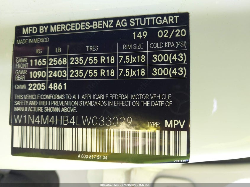 2020 Mercedes-Benz Glb 250 4Matic VIN: W1N4M4HB4LW033029 Lot: 45578595