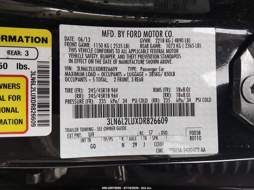 2013 Lincoln Mkz Hybrid VIN: 3LN6L2LUXDR826609 Lot: 45578598