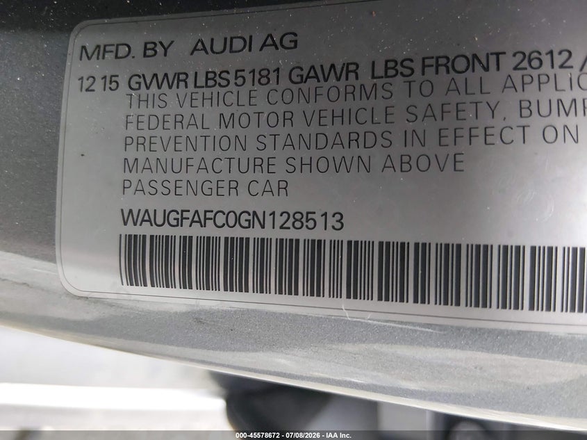 2016 Audi A6 2.0T Premium Plus VIN: WAUGFAFC0GN128513 Lot: 45578672