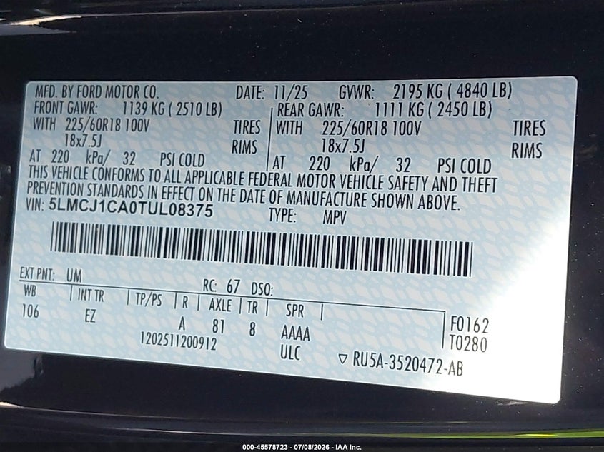 2026 Lincoln Corsair Premiere VIN: 5LMCJ1CA0TUL08375 Lot: 45578723