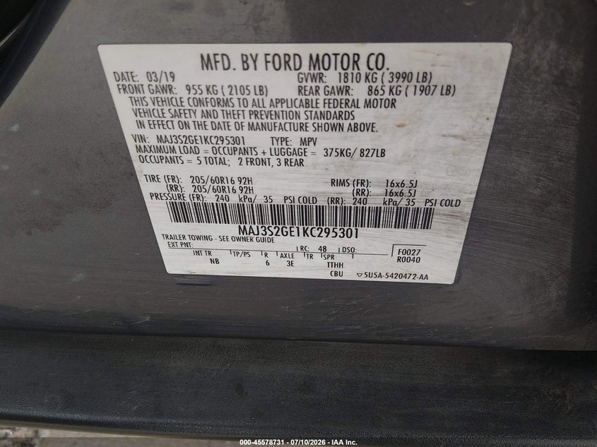 FORD ECOSPORT 2019 VIN MAJ3S2GE1KC295301