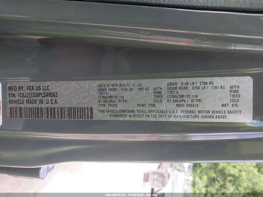 JEEP GLADIATOR 2023 VIN 1C6JJTEG0PL549562