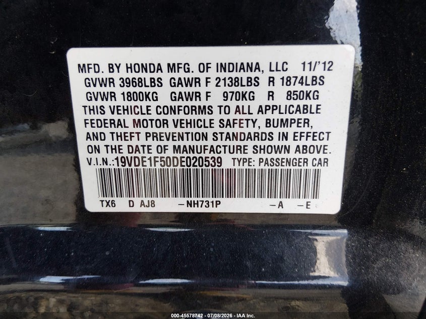 2013 Acura Ilx 2.0L VIN: 19VDE1F50DE020539 Lot: 45578742