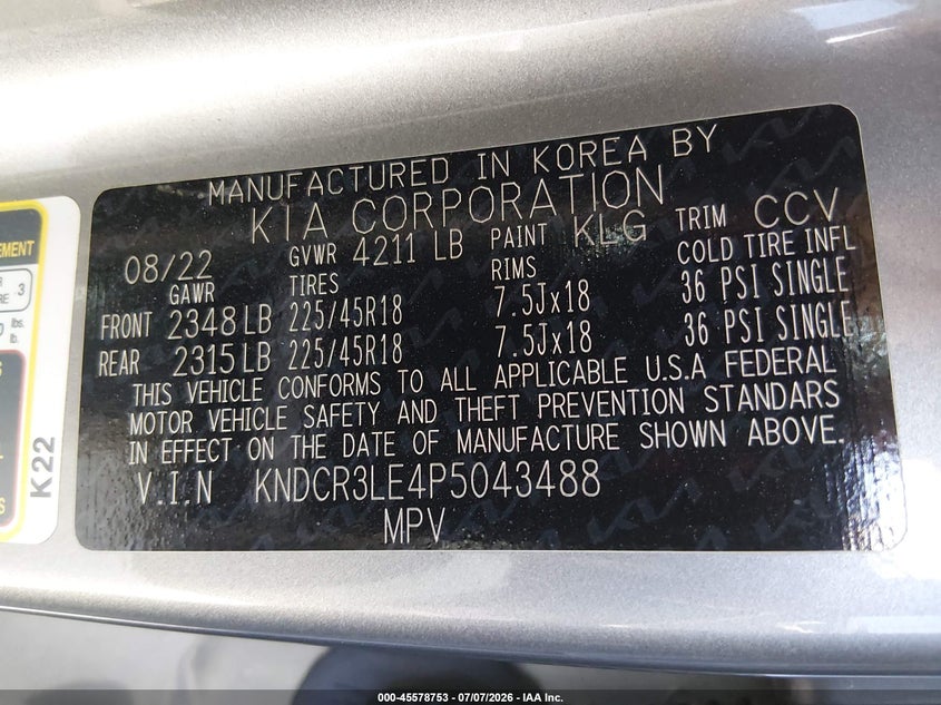 2023 Kia Niro Ex Touring VIN: KNDCR3LE4P5043488 Lot: 45578753
