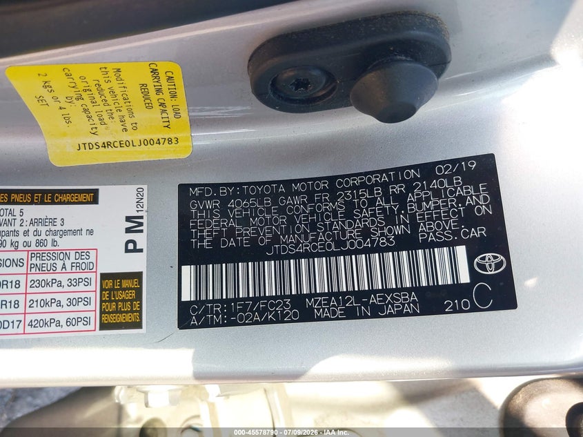 TOYOTA COROLLA 2020 VIN JTDS4RCE0LJ004783