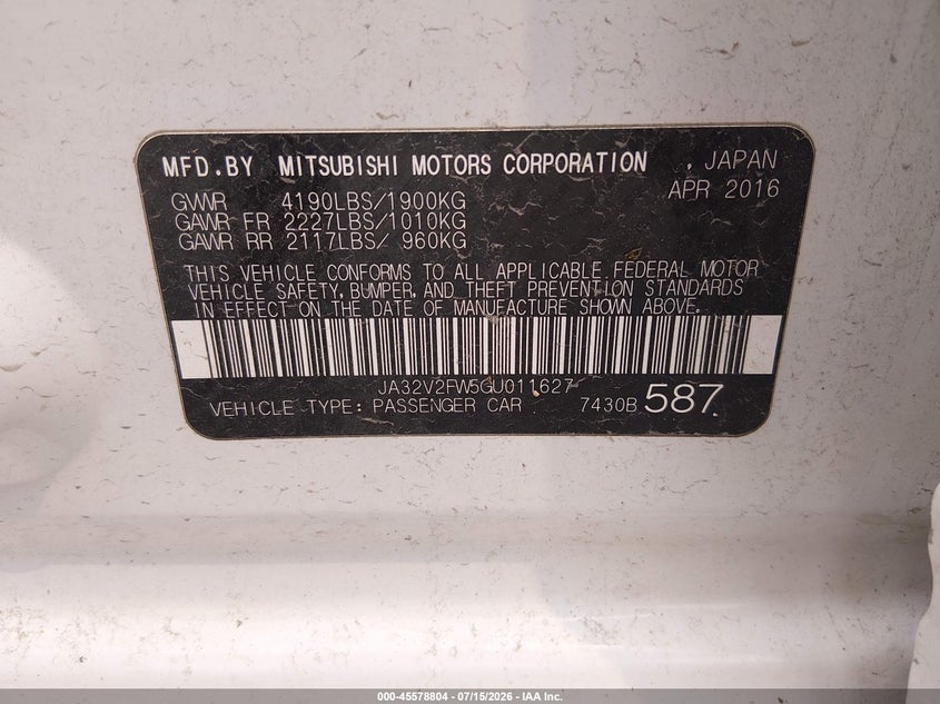 2016 Mitsubishi Lancer Es VIN: JA32V2FW5GU011627 Lot: 45578804