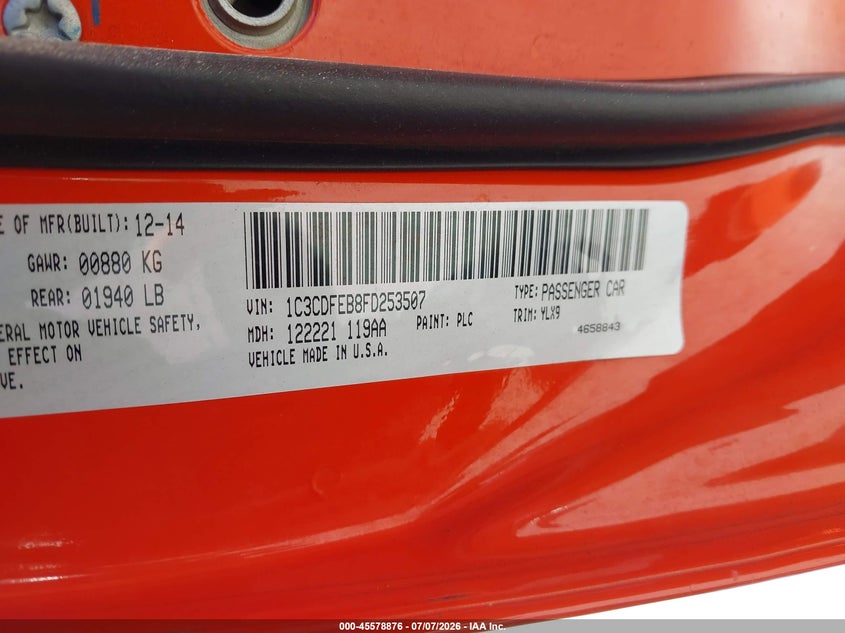 2015 Dodge Dart Gt VIN: 1C3CDFEB8FD253507 Lot: 45578876