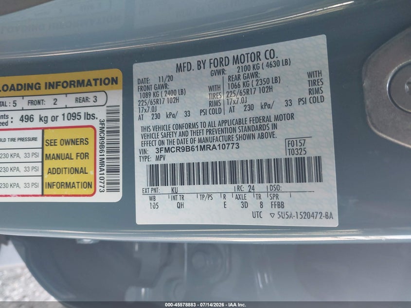 2021 Ford Bronco Sport Big Bend VIN: 3FMCR9B61MRA10773 Lot: 45578883