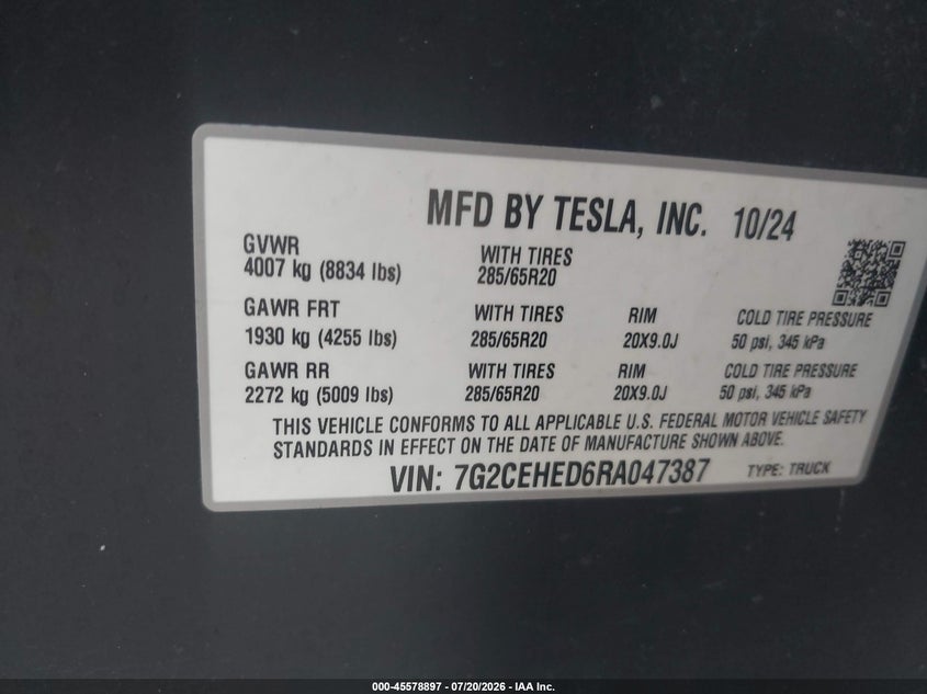 2024 Tesla Cybertruck All-Wheel Drive VIN: 7G2CEHED6RA047387 Lot: 45578897